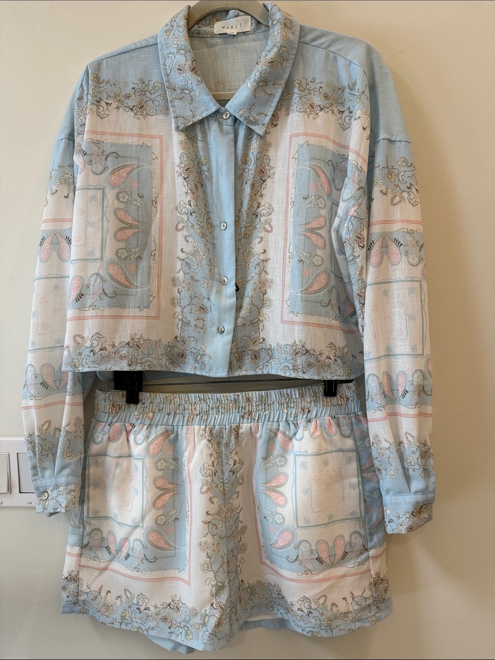 Mable Sky Blue and Pale Pink Printed Button-Front Two-Piece Set